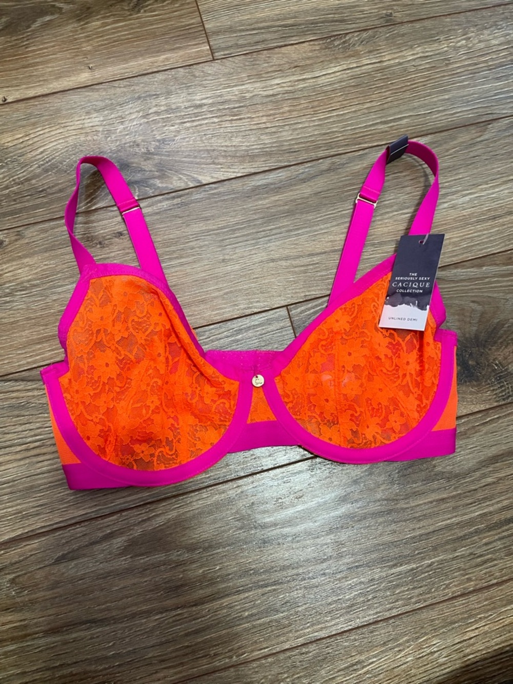 Cacique Hot Pink & Bright Orange Lace Underwire Bra